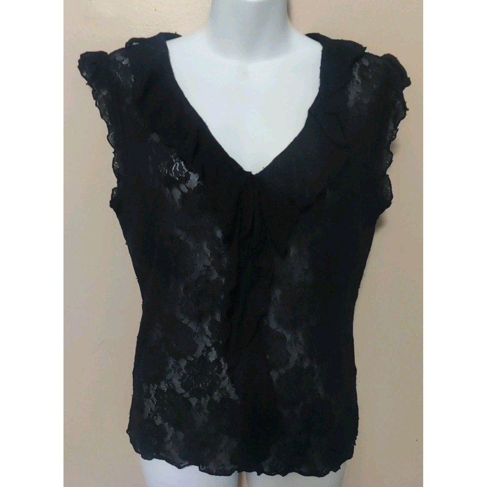 The Limited Women Black Lace Sheer Ruffled Trim Sleeveless Top Size M